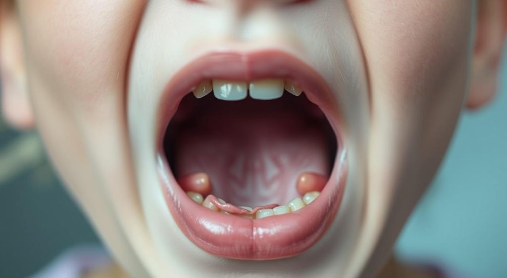 A close-up view of a human mouth with visible speech impediments, such as cleft palate, lisping, or slurred speech. The mouth is open, revealing the tongue and teeth in a slightly distorted manner. The lighting is soft and diffused, creating a clinical yet empathetic atmosphere. The focus is on the mouth, with the rest of the face gently blurred, emphasizing the specific speech-related details. The image conveys a sense of understanding and the need for professional evaluation, without being overly clinical or sensationalized.