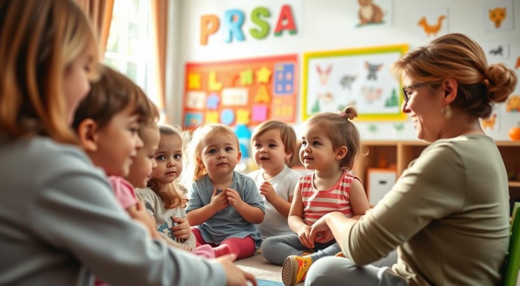 A cozy preschool classroom, morning sunlight filtering through the windows. In the foreground, a group of young children engaged in speech therapy exercises, their faces focused and their mouths forming words with gentle guidance from a caring speech therapist. The middle ground features vibrant educational posters and charts, while the background showcases whimsical illustrations of animals and shapes, creating a warm, nurturing environment. The scene conveys a sense of growth, learning, and the supportive role of a speech therapist in a child's development.