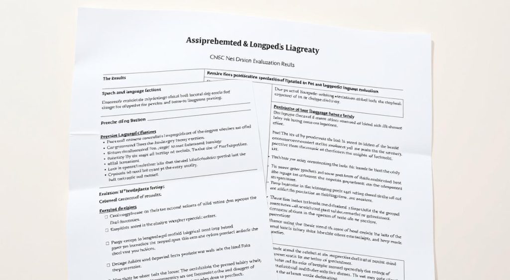 A detailed medical report displaying the results of a comprehensive speech and language evaluation. The document features a clean, professional layout with neatly organized sections and precise diagnostic terminology. The background is a soft, neutral tone, allowing the text and any relevant graphs or charts to stand out clearly. The overall mood is one of clinical authority and objective assessment, conveying the importance and gravity of the logopedic diagnosis. Subtle lighting from an unseen source creates gentle shadows and highlights the tactile quality of the paper, while a slightly tilted camera angle adds visual interest. The image should feel authoritative, informative, and tailored to the needs of the article's subject matter.