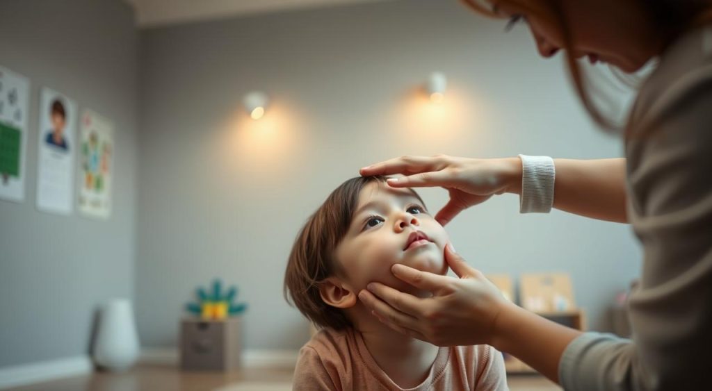 A serene, dimly lit room in a preschool setting. In the foreground, a child sits calmly, their head gently tilted as a speech therapist's hands delicately perform a logopedic massage, their fingers expertly tracing the contours of the child's face. The middle ground features soothing, muted tones, with soft lighting casting a warm glow. In the background, the faint outline of educational materials and toys suggests a nurturing, therapeutic environment. The scene conveys a sense of care, patience, and the specialized expertise required to address the speech and language challenges faced by young children.