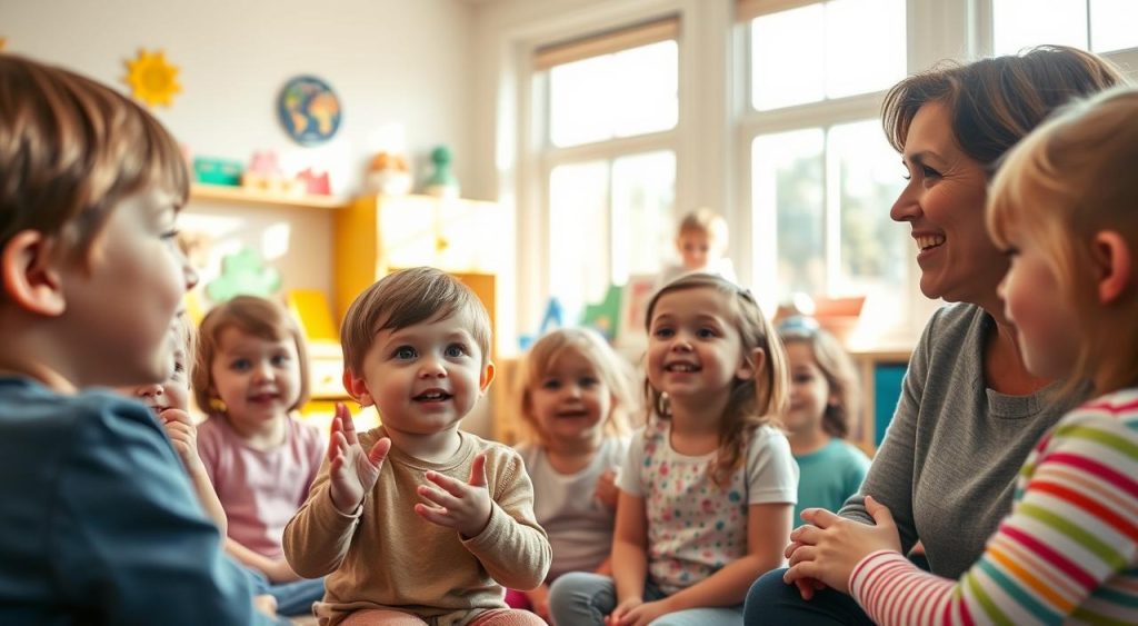 A sun-dappled classroom filled with engaged children, their faces alight with curiosity as a gentle-faced teacher guides them through a captivating speech therapy session. In the foreground, a child gestures animatedly, practicing new vowel sounds, while others listen intently, their eyes shining with focus. The middle ground reveals a cozy, well-stocked classroom, with colorful learning aids and speech development tools lining the shelves. In the background, large windows let in soft, natural light, creating a warm, nurturing atmosphere conducive to learning and growth. The scene evokes the importance of early intervention and the transformative power of speech therapy in a child's development.