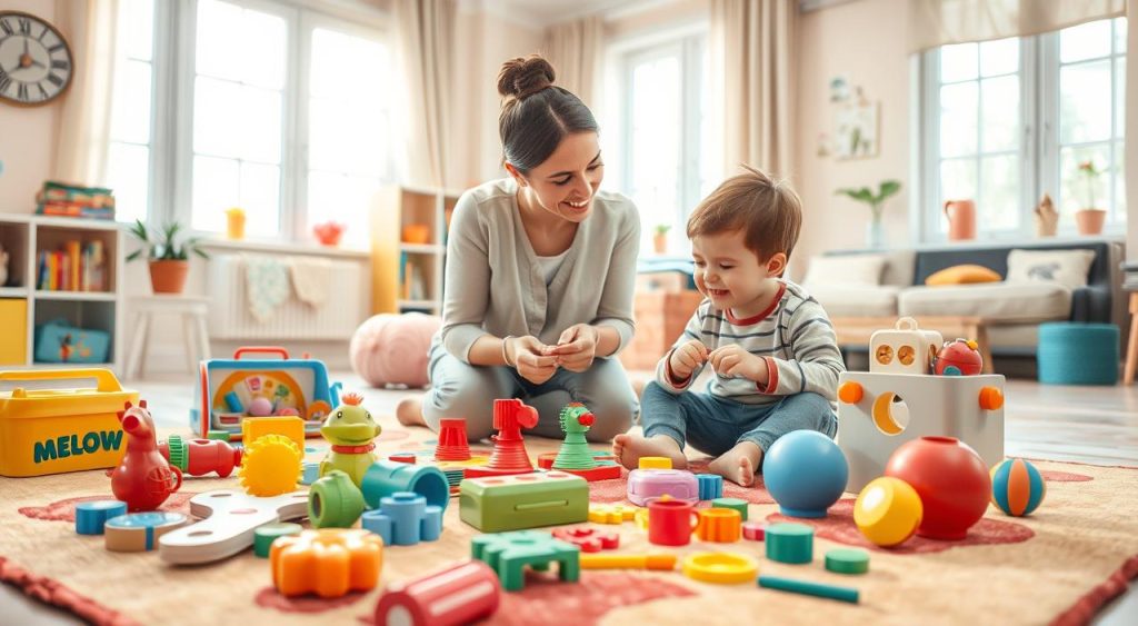 A vibrant and engaging scene of speech development games in a cozy, child-friendly setting. The foreground features a variety of interactive toys, puzzles, and educational materials arranged on a colorful rug, inviting the child to explore and engage. The middle ground showcases a friendly, approachable speech therapist guiding the child through activities, with a warm, encouraging expression. The background depicts a well-lit, inviting room with soft, pastel-colored walls, tasteful decor, and large windows that flood the space with natural light, creating a calming and nurturing atmosphere. The overall composition conveys a sense of joy, learning, and personalized attention, reflecting the helpful support a speech therapist can provide.