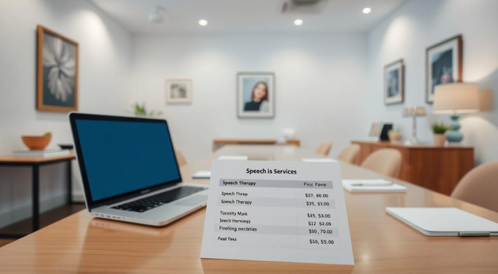 A well-lit, modern office interior with a large desk, a laptop, and neatly arranged stationery. On the desk, there is a price list or a brochure showcasing the range of speech therapy services and their corresponding fees. The walls are adorned with tasteful artwork and the room has a calming, professional atmosphere. The lighting is soft and diffused, creating a welcoming ambiance. The camera angle is slightly elevated, giving a clear view of the desk and the details of the price information.